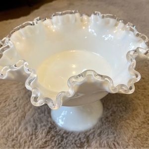 Vintage Fenton Silver Crest Milk Glass Pedestal Ruffled Edged Candy Dish